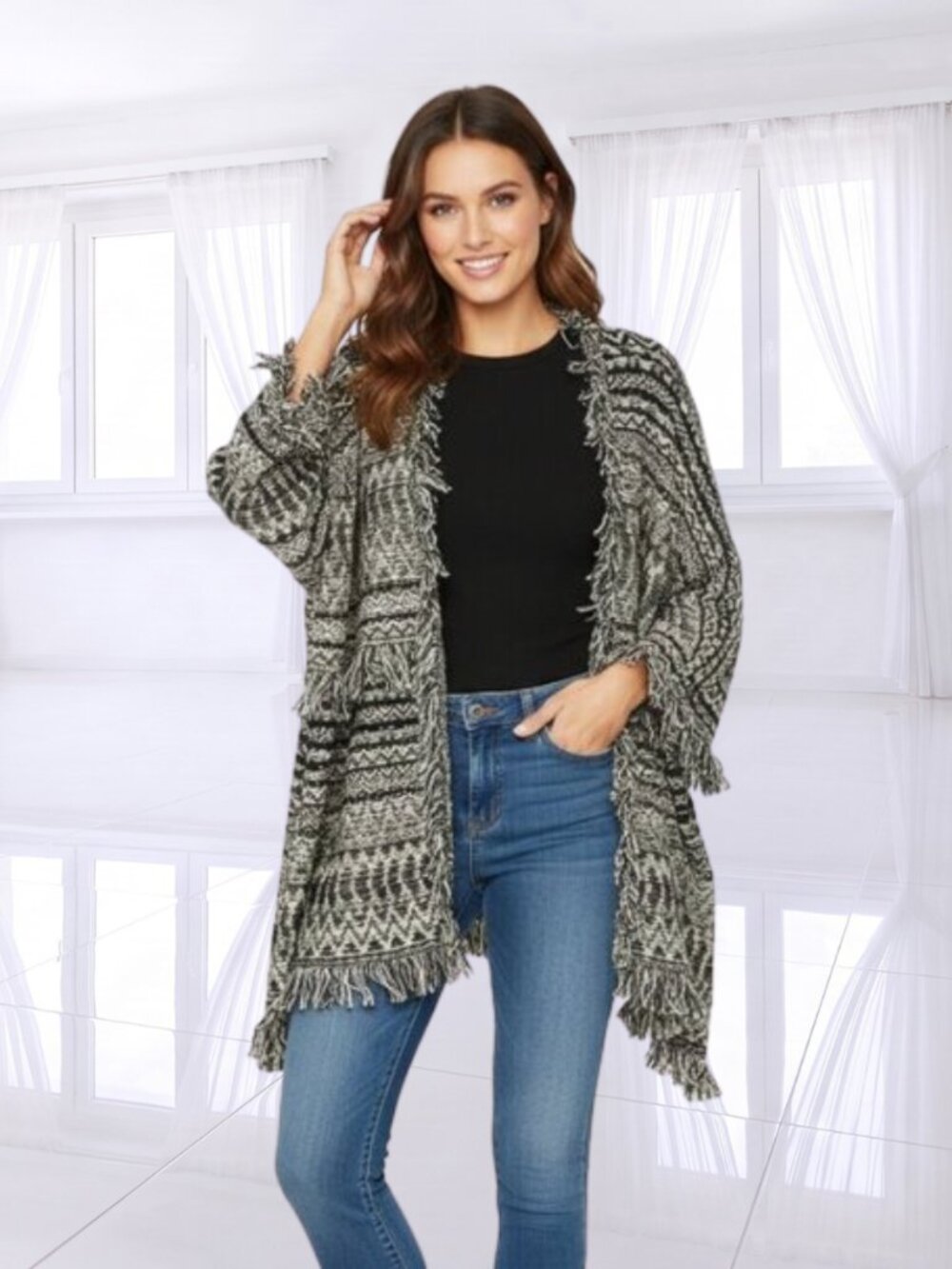 AVALIN Boho Chic Fringe Open Knit Cardigan Sweater Jacket Black Cream Aztec